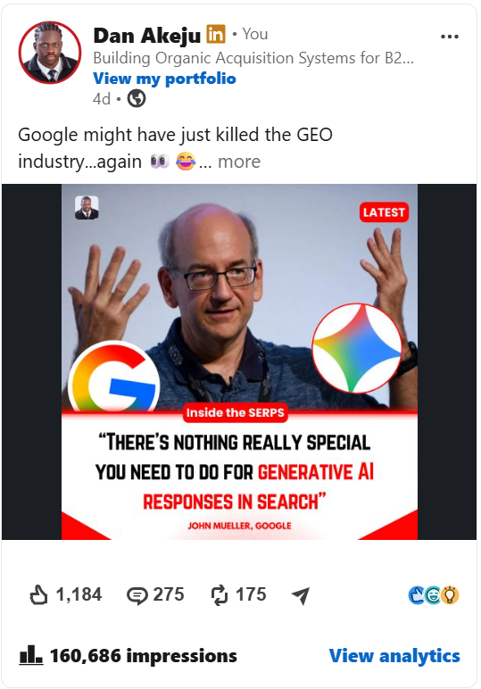 Dan Akeju GEO and SEO analysis with 160,686 LinkedIn impressions