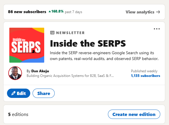 Inside the SERPs newsletter by Dan Akeju with 1,135 subscribers